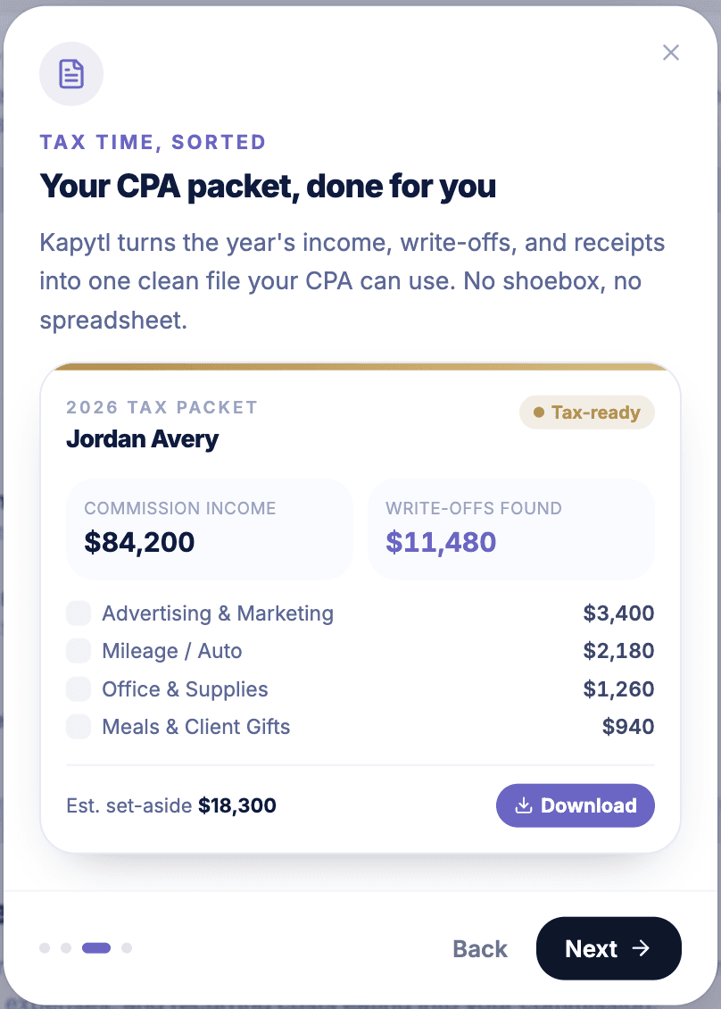 A tax-ready CPA packet with income and write-offs in Kapytl