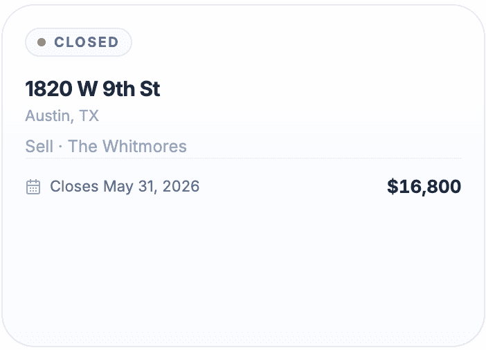 A closed deal card showing the close date and your net