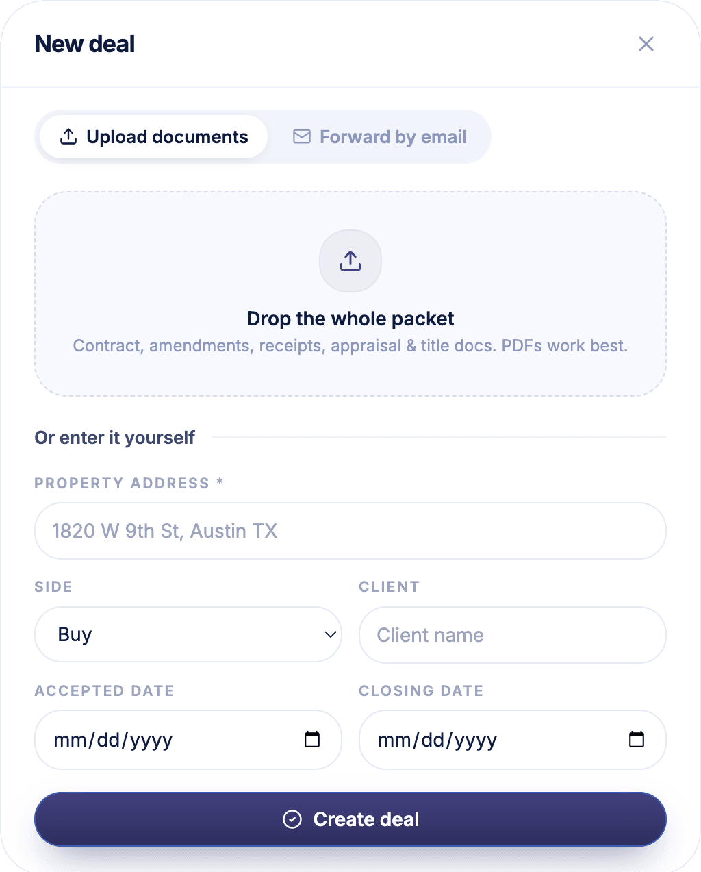 Start a deal by uploading the document packet in Kapytl