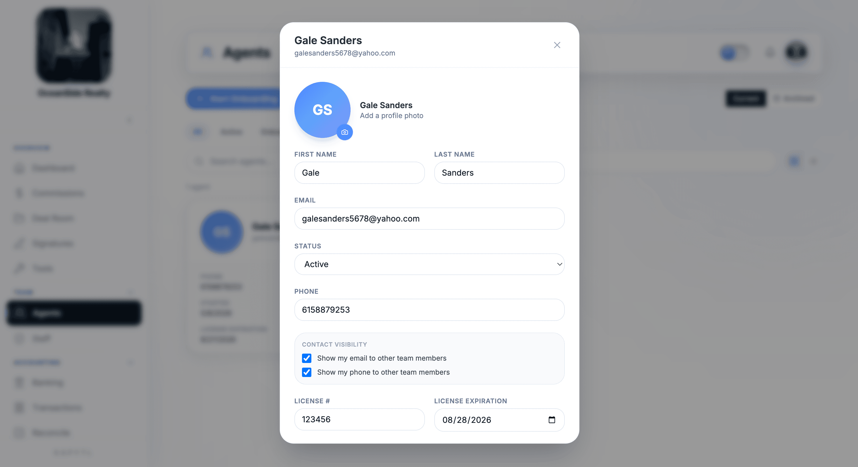 Gale Sanders agent profile edit panel with license and visibility toggles
