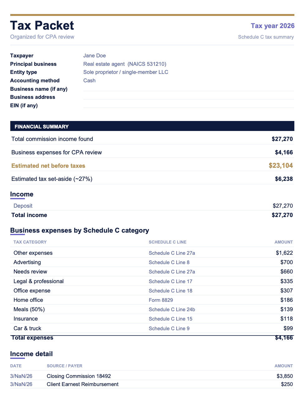 A tax-ready CPA packet with income, expenses, and write-offs in Kapytl