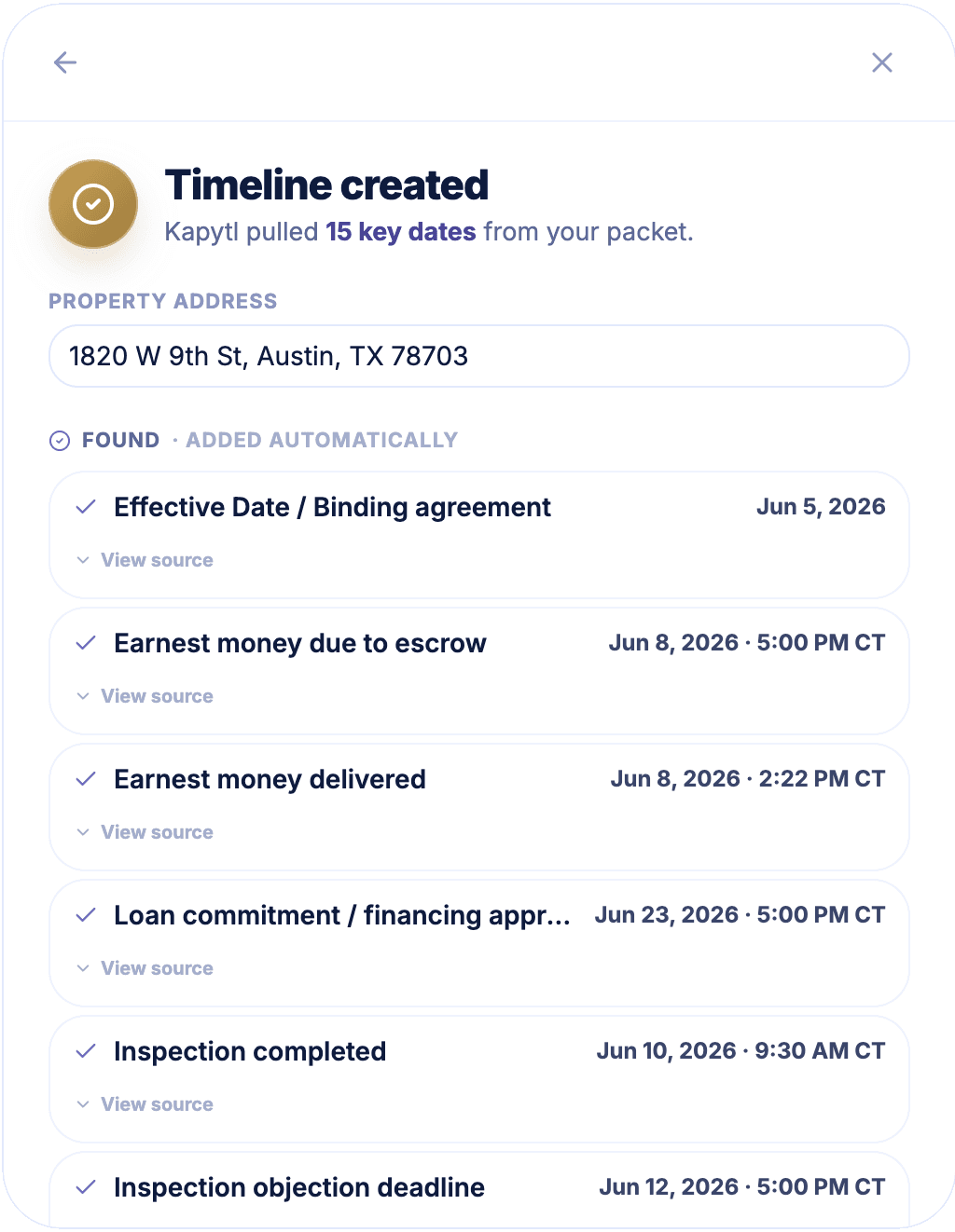Every key date found and added automatically, with its source