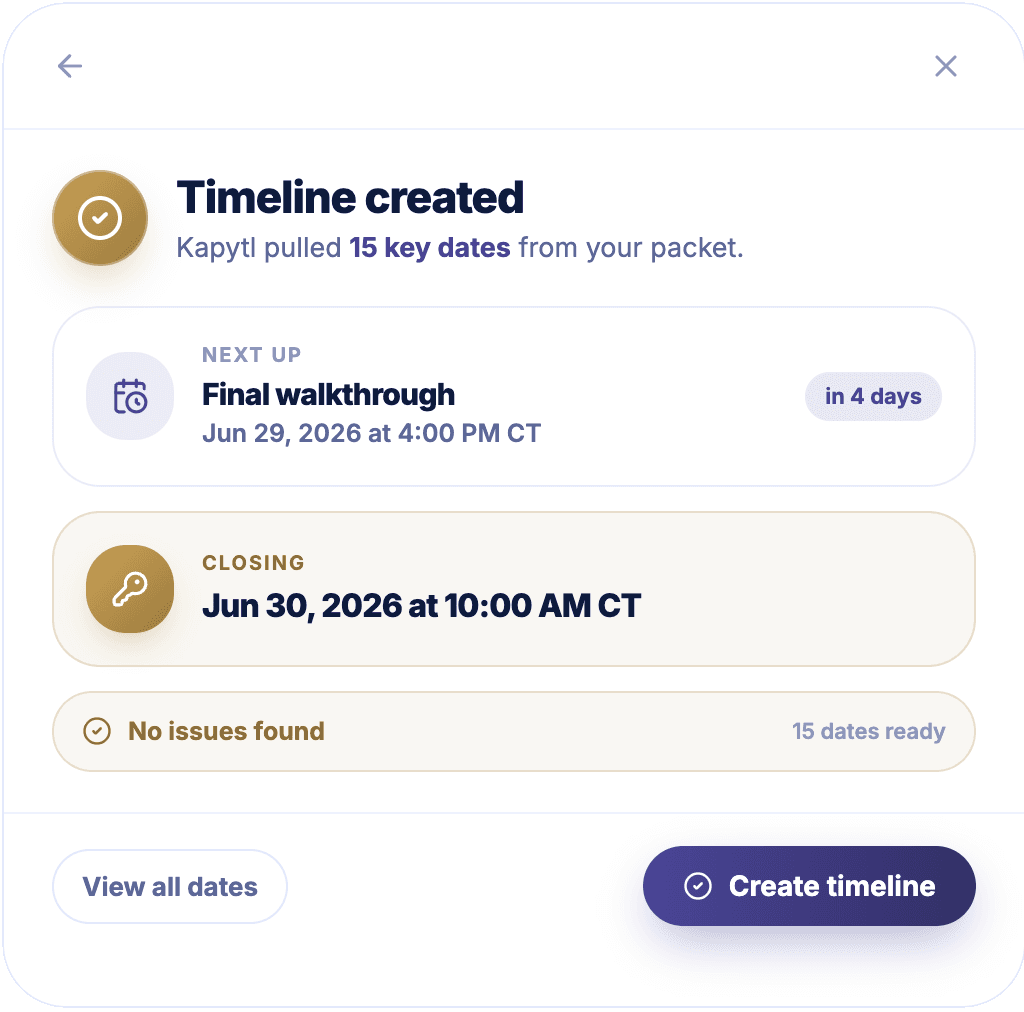 Kapytl pulled 15 key dates with next up and closing highlighted