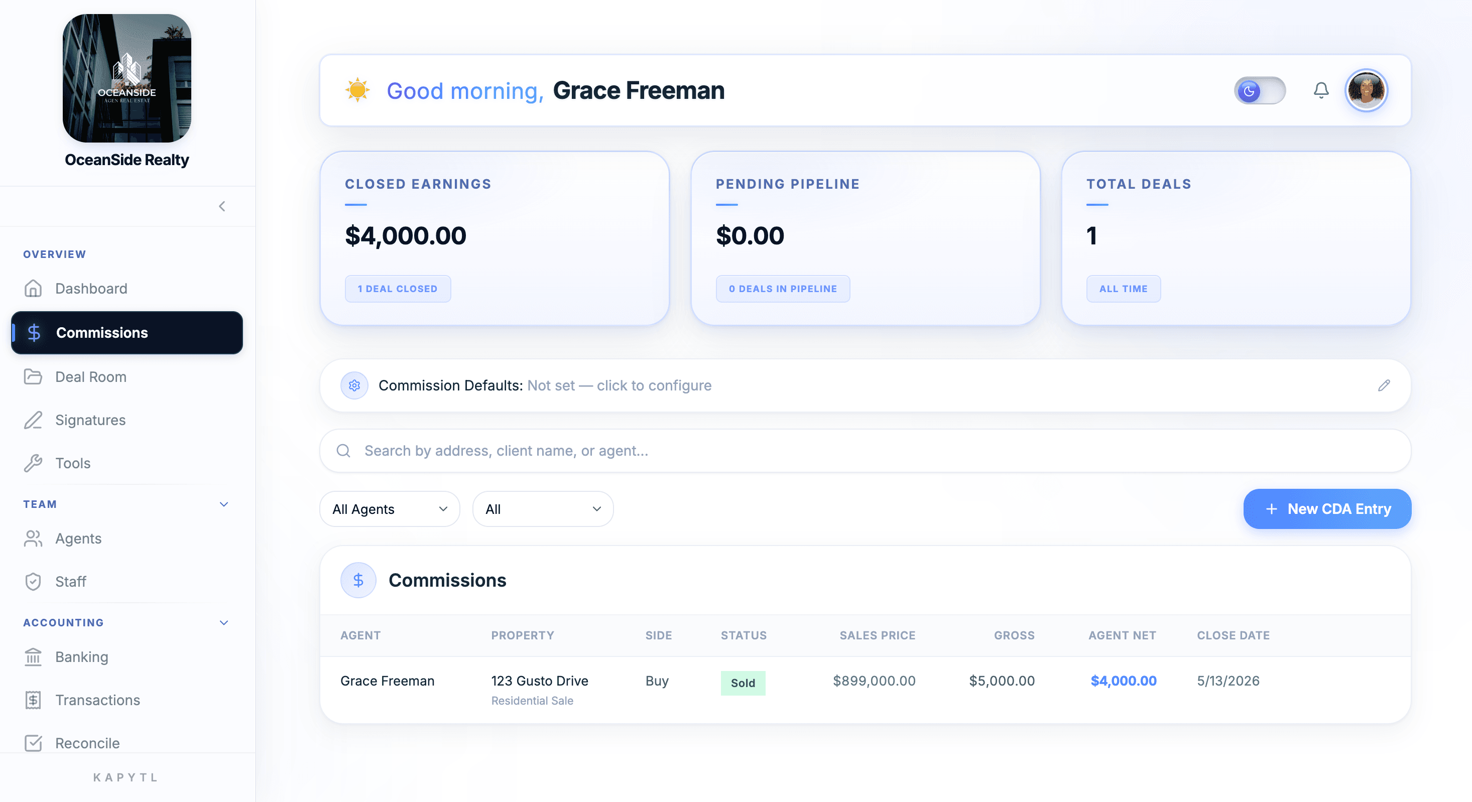 Kapytl brokerage commissions dashboard