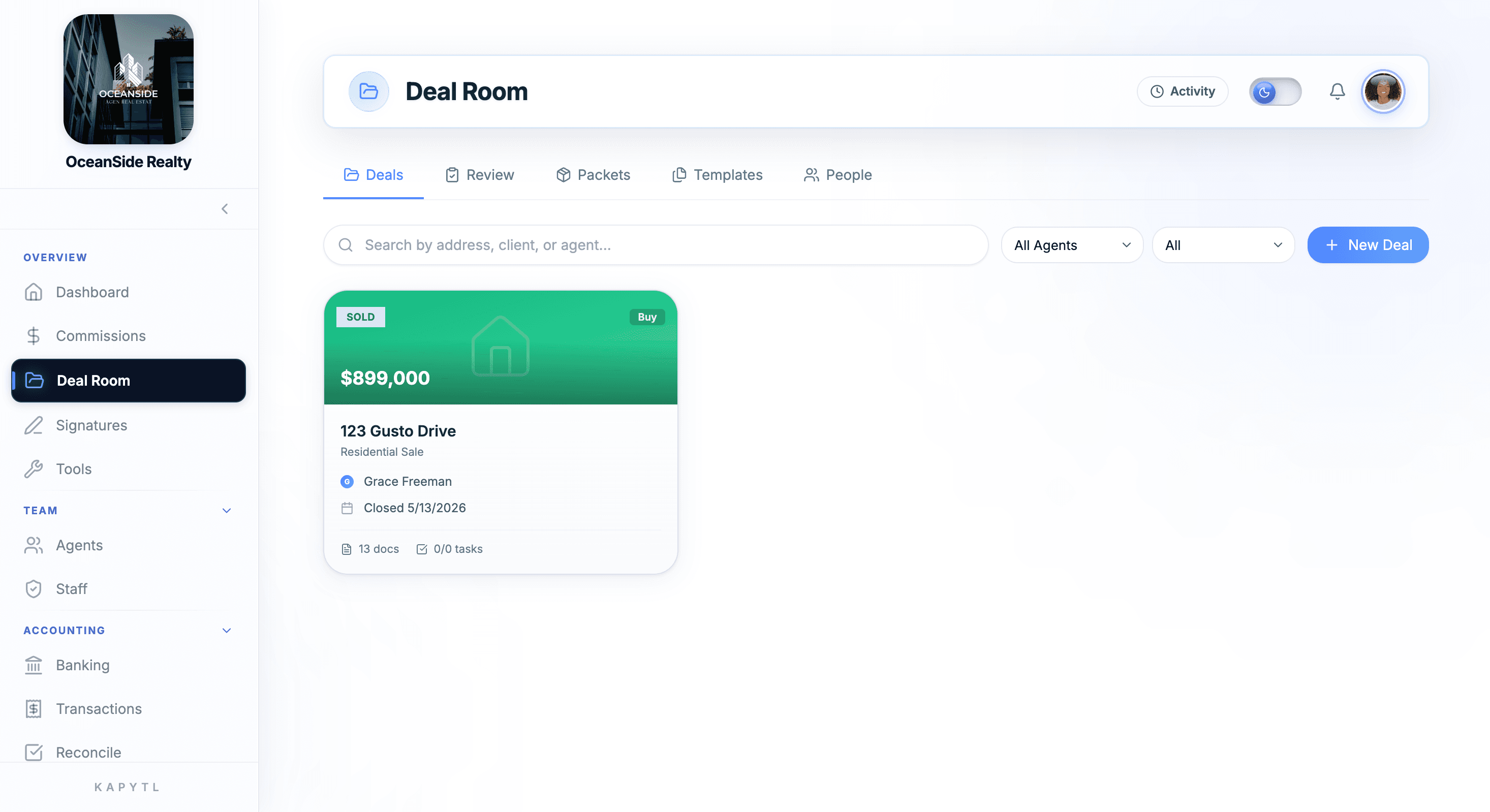 Kapytl Deal Room with active deals