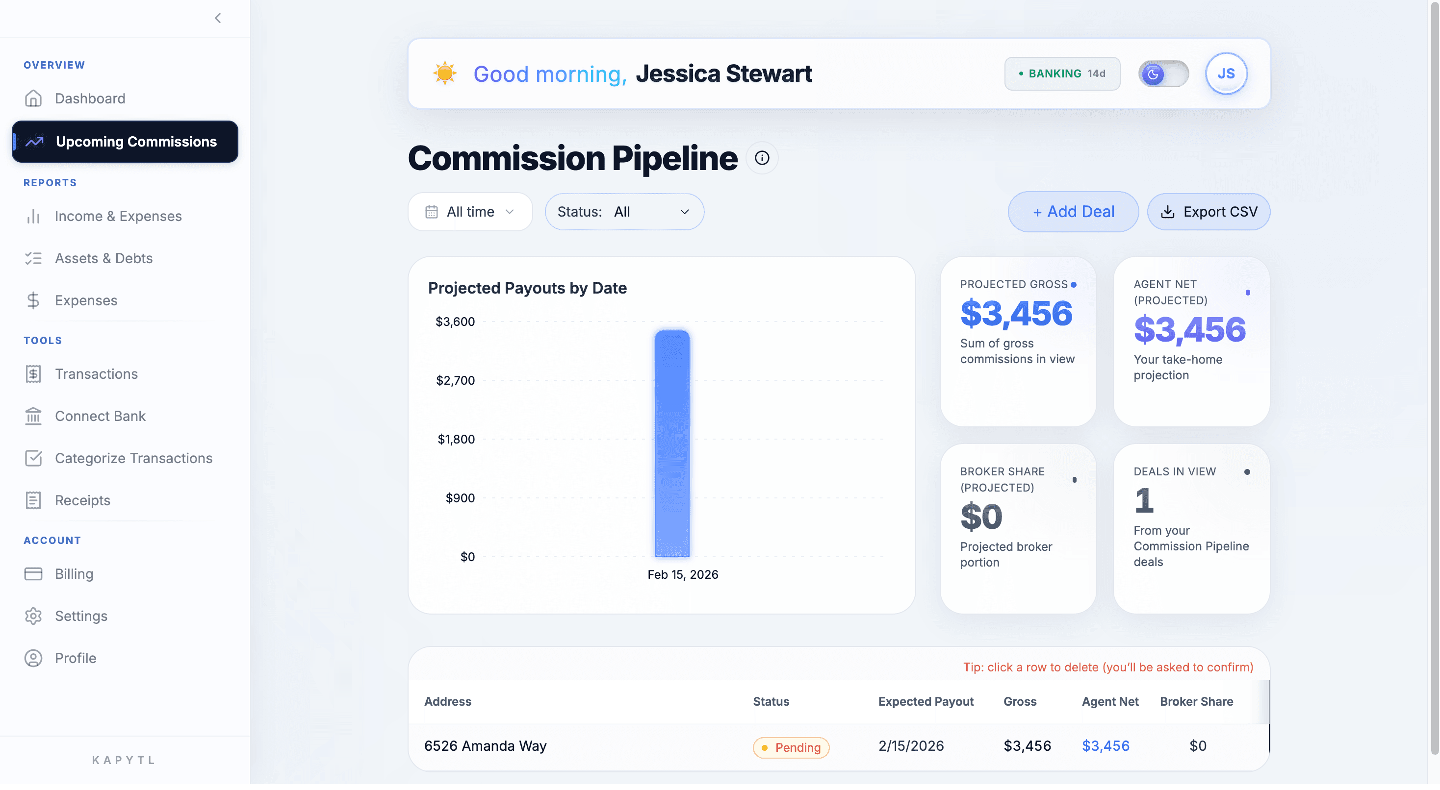 Every deal tracked from pending to paid