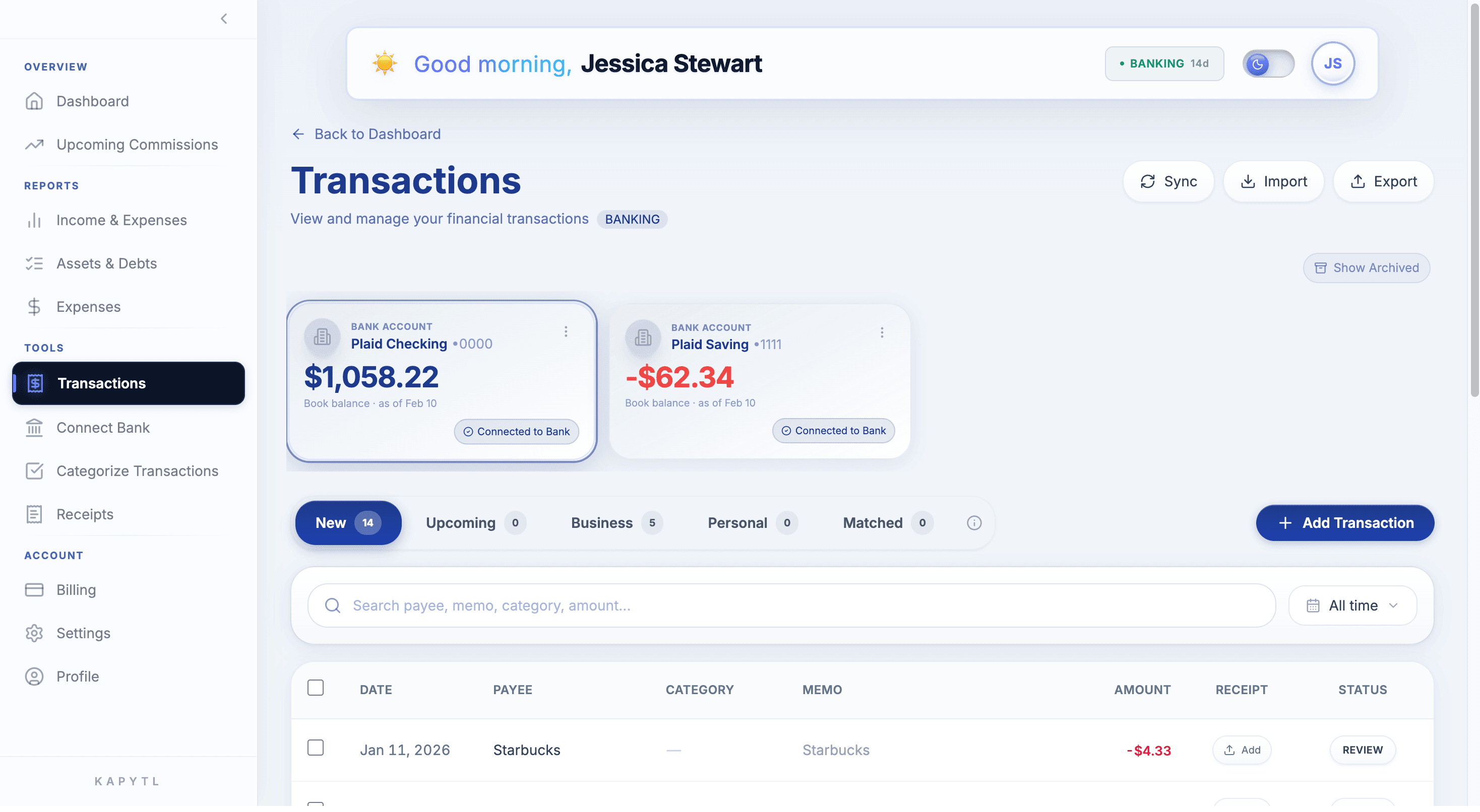 Bank transactions synced, sorted, and tax-ready