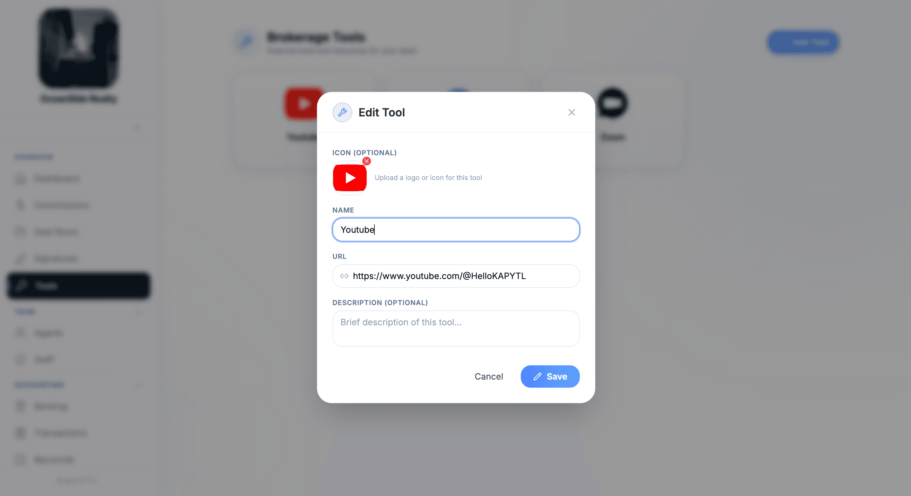 Edit Tool modal updating the Youtube tool