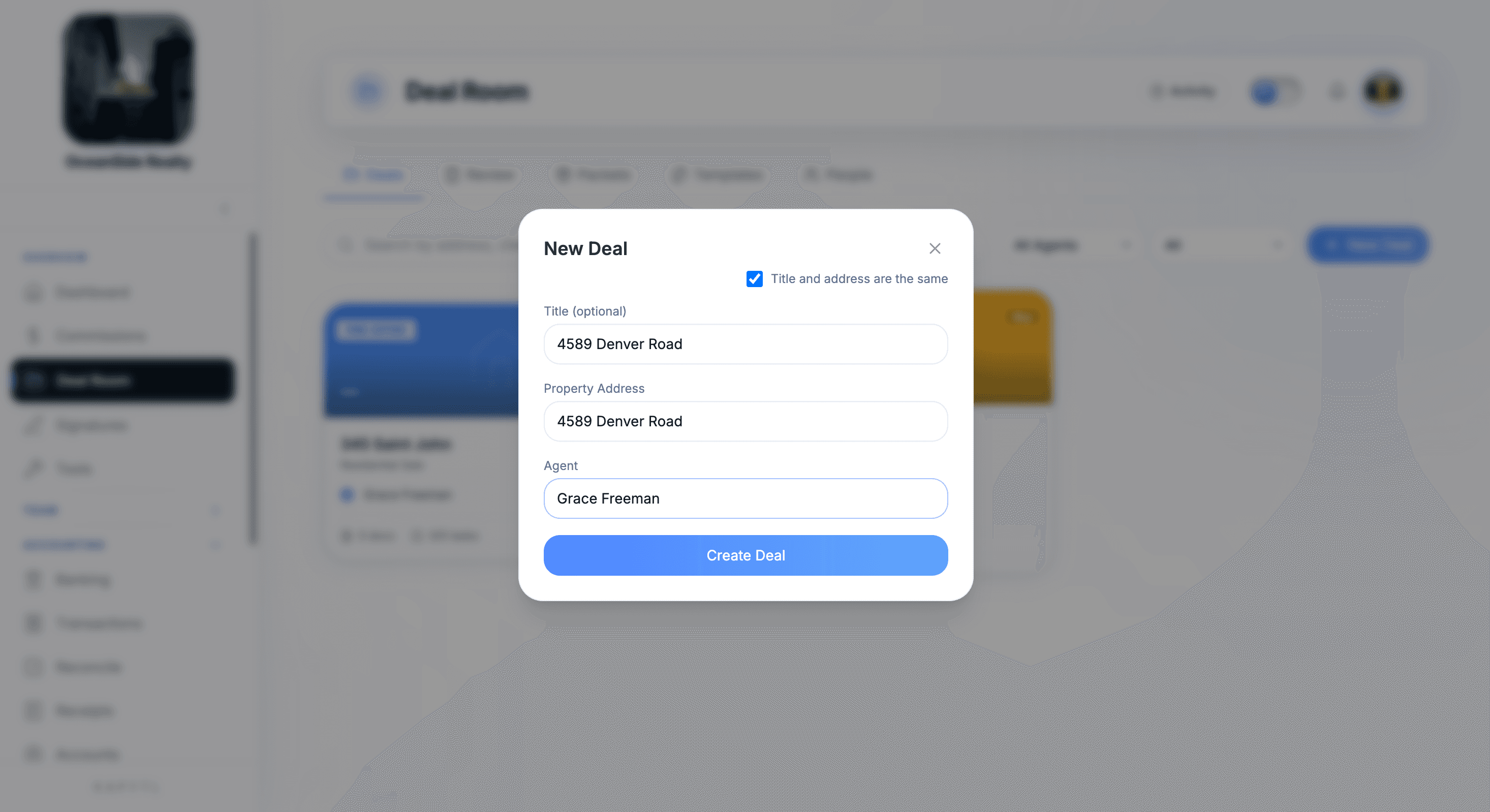 New Deal modal in the Deal Room