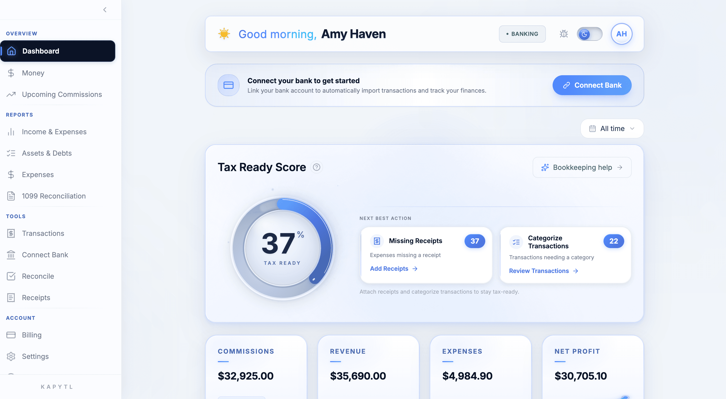 Kapytl agent Tax Ready Score dashboard