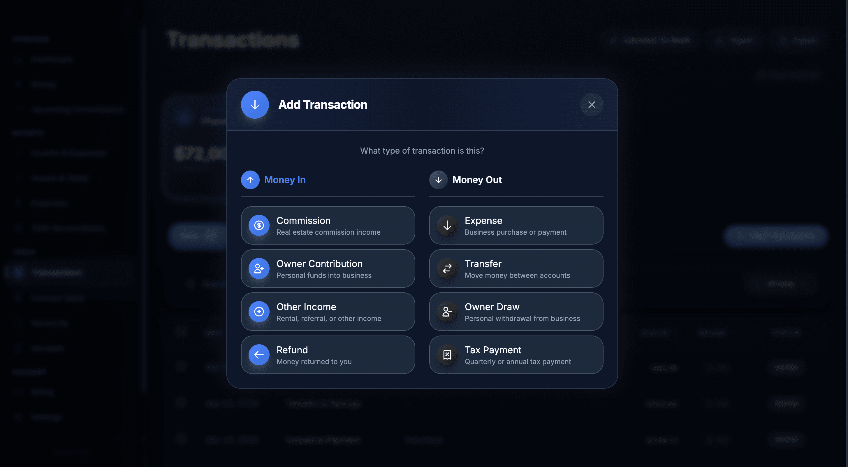 Add Transaction modal with categories