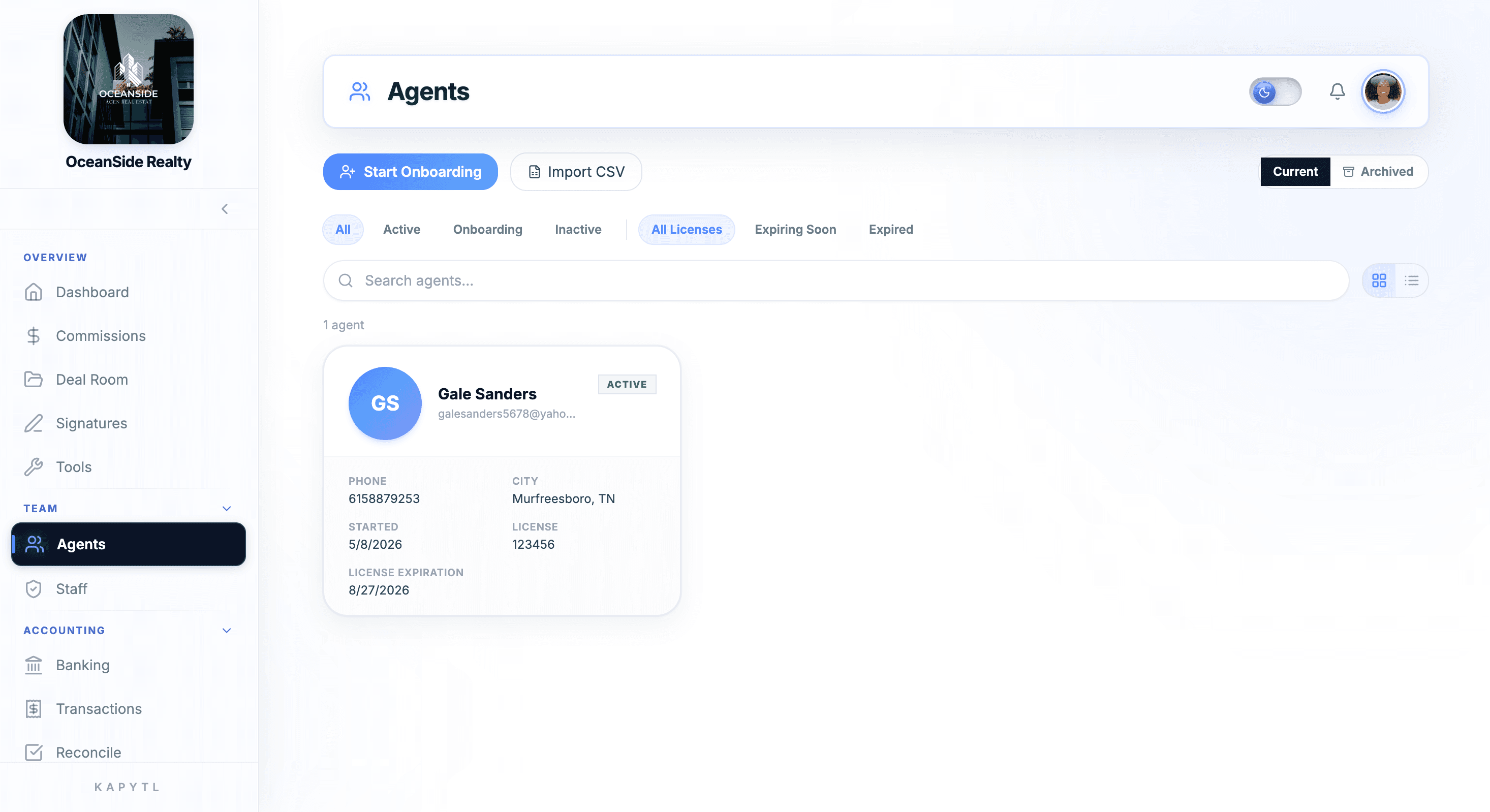 Agents roster filtered by license status
