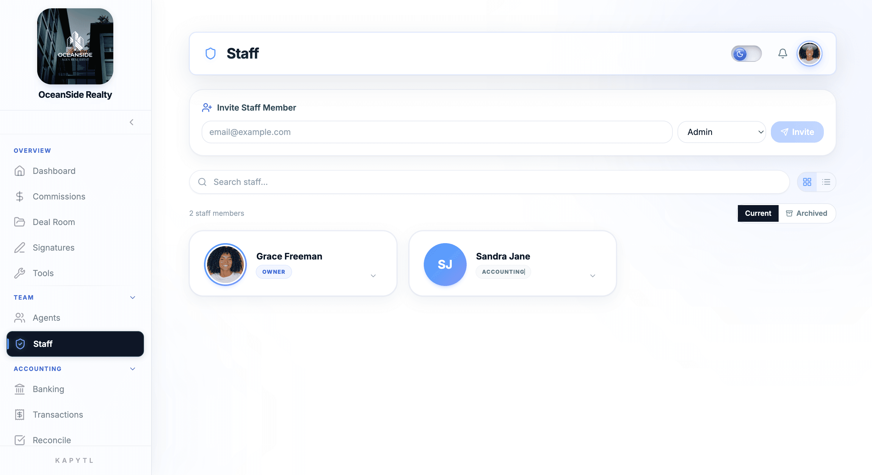 Staff page with Owner and Accounting roles