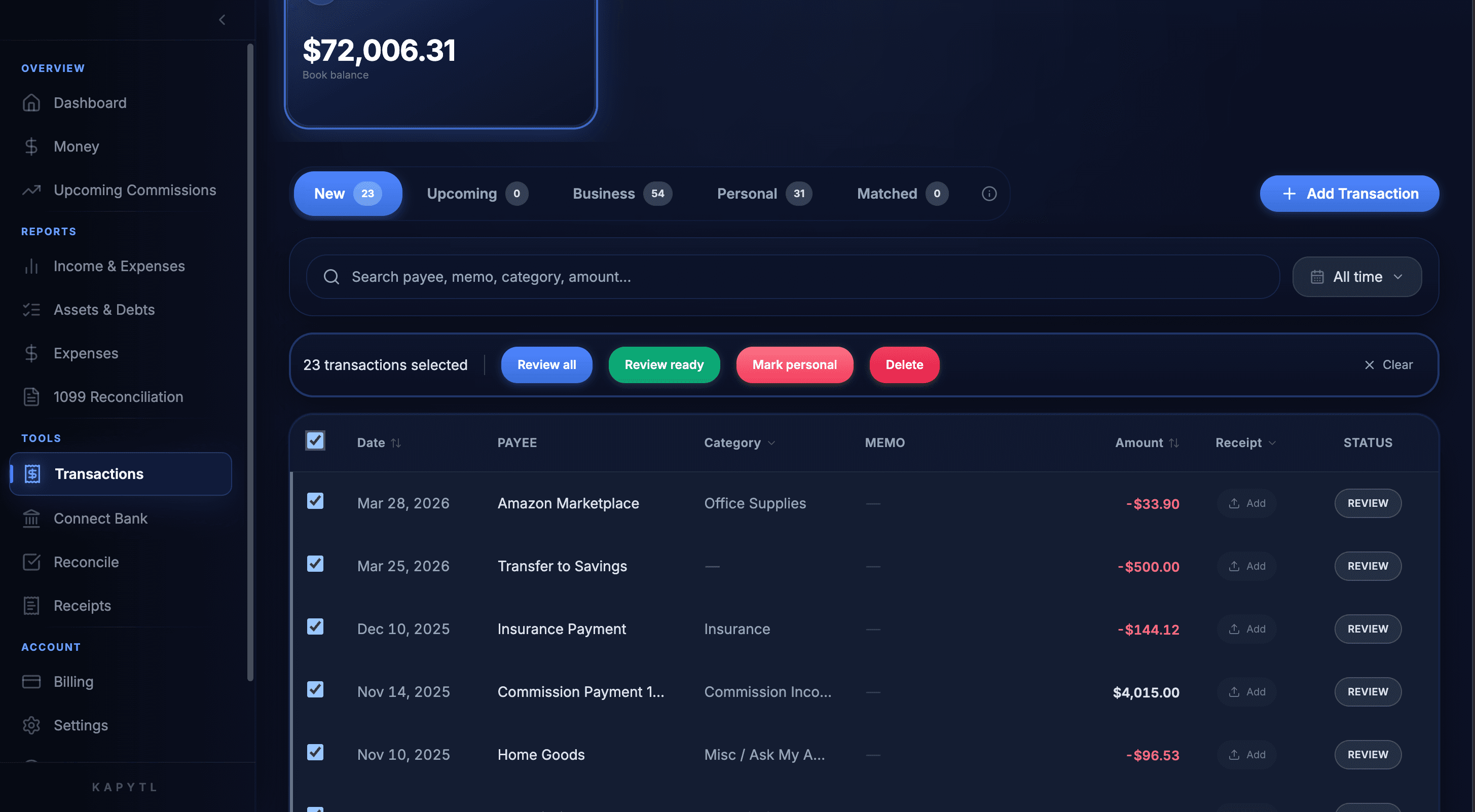 Bulk-review transactions in Kapytl