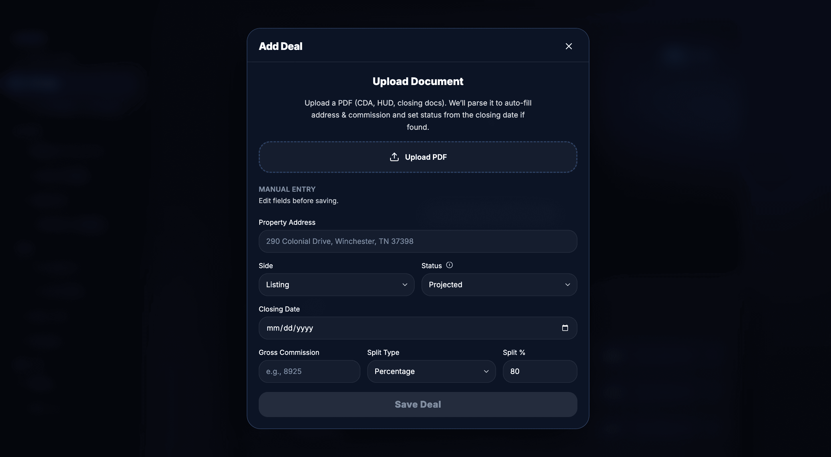 Add Deal modal with upload and manual entry