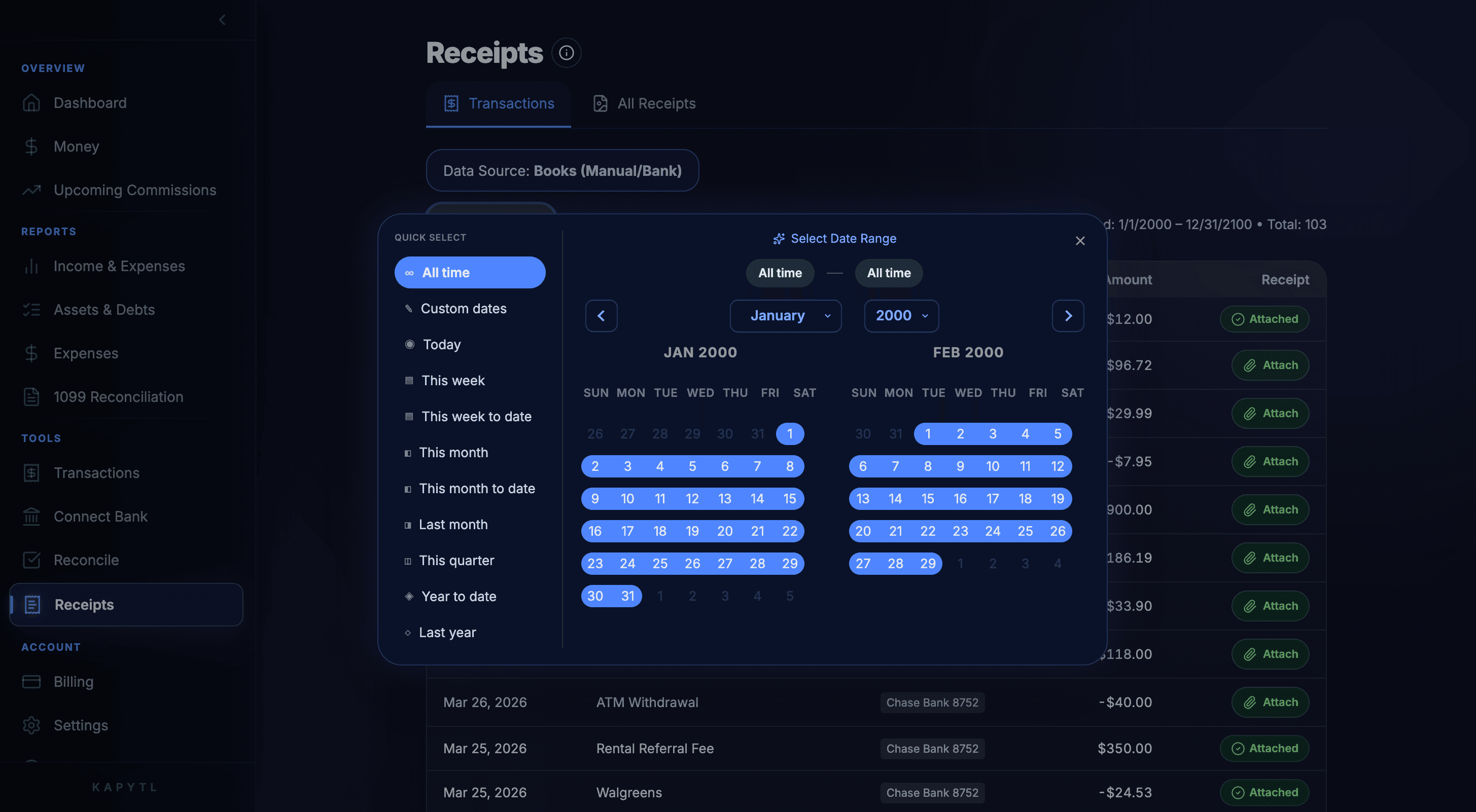 Date range filter on Kapytl receipts