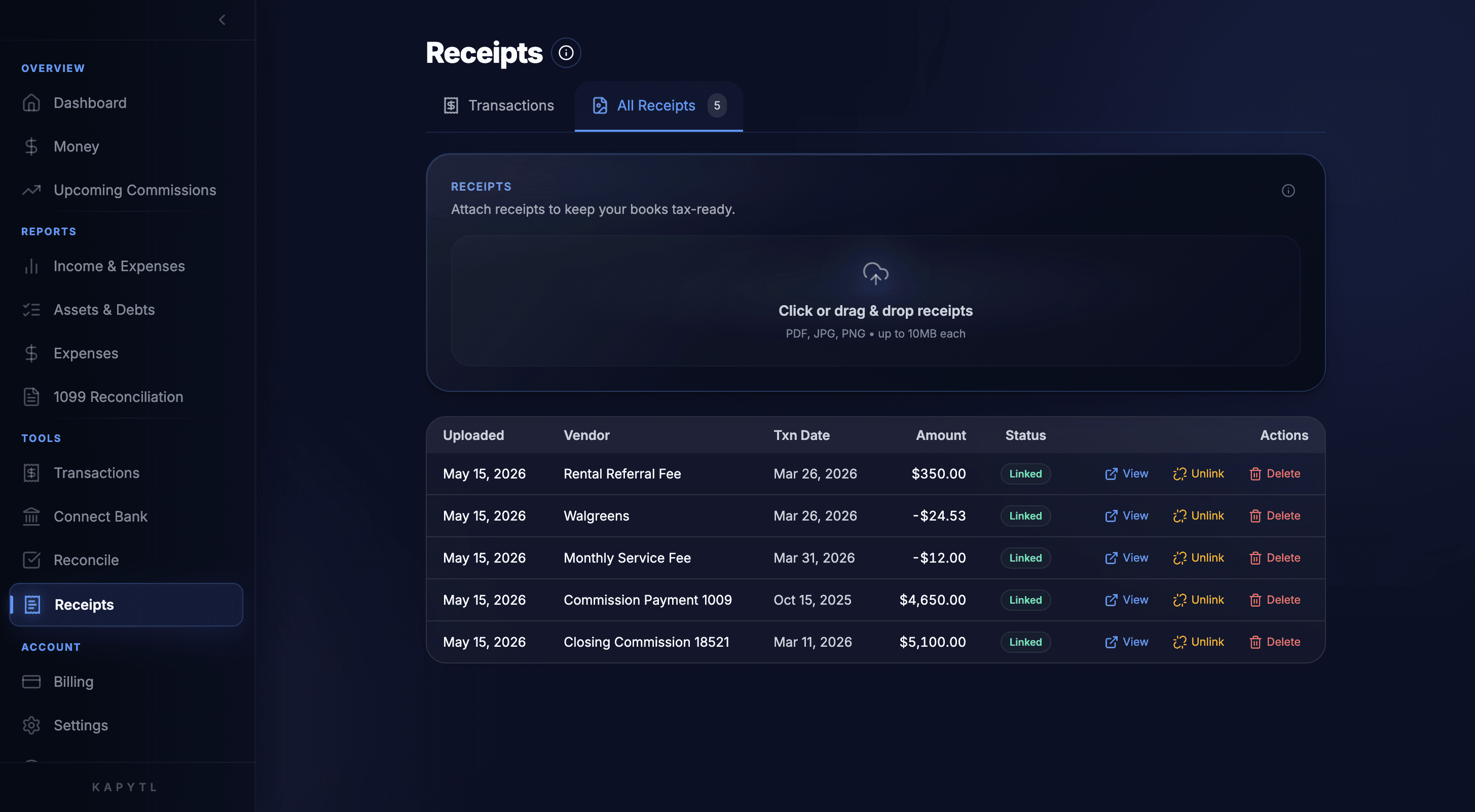 Drag and drop receipts in Kapytl