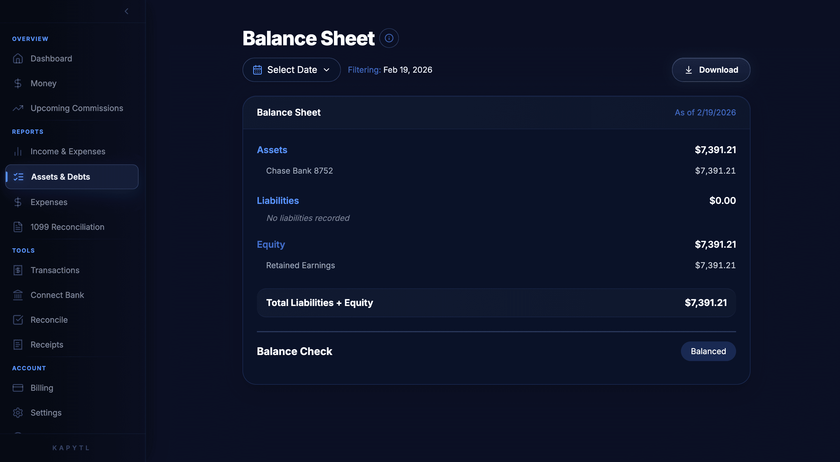 Kapytl Balance Sheet report