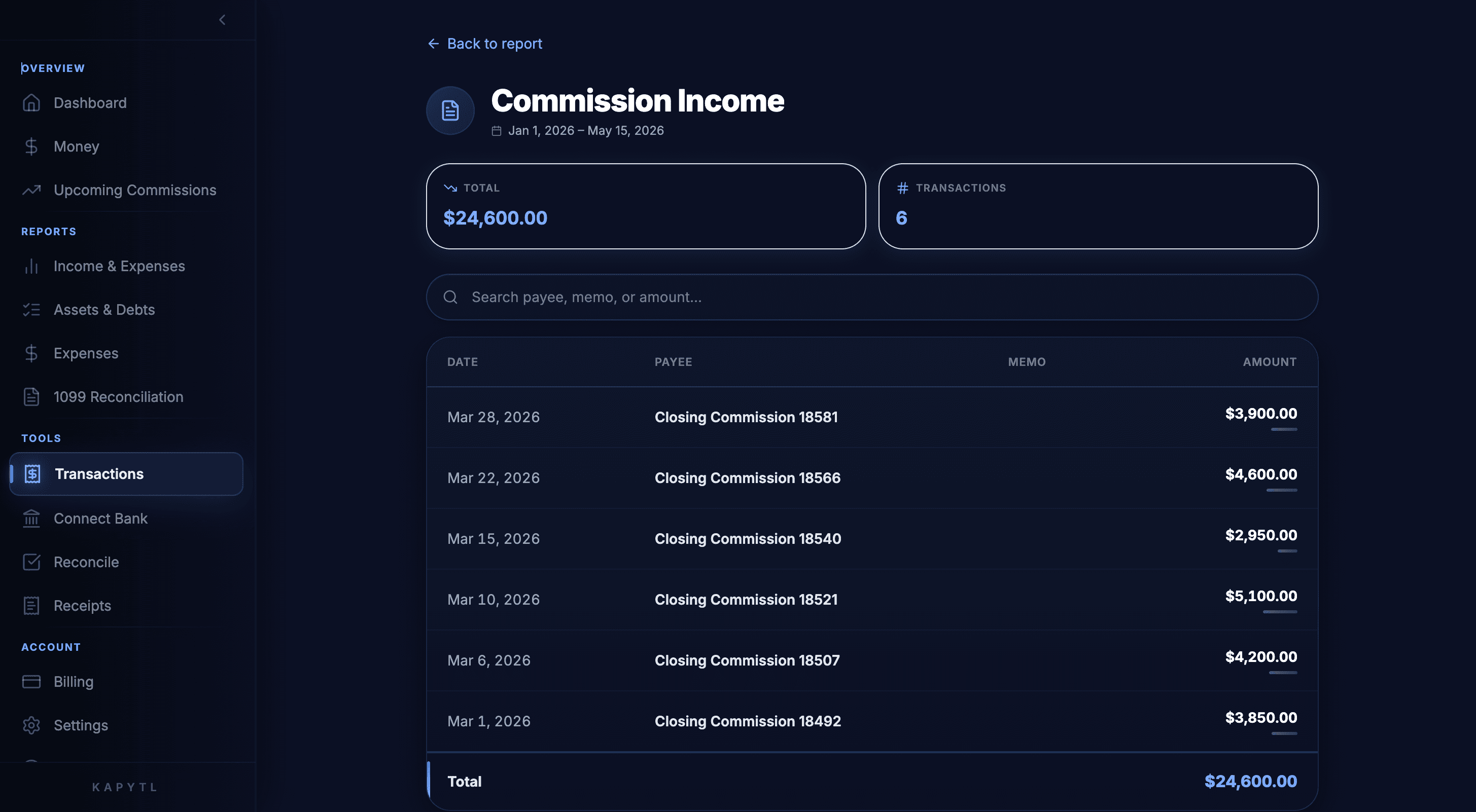 Drill into Commission Income transactions