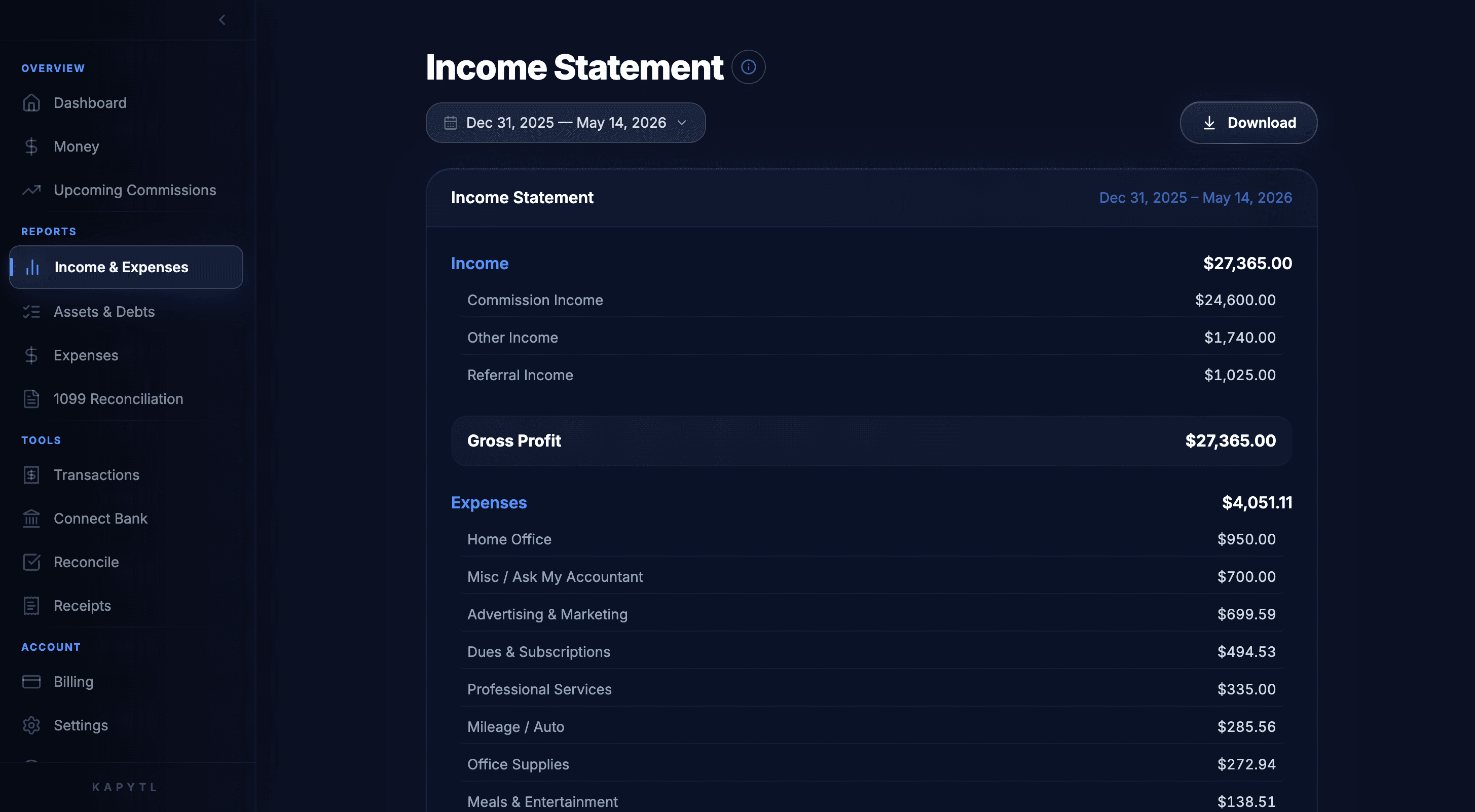 Kapytl Income Statement report