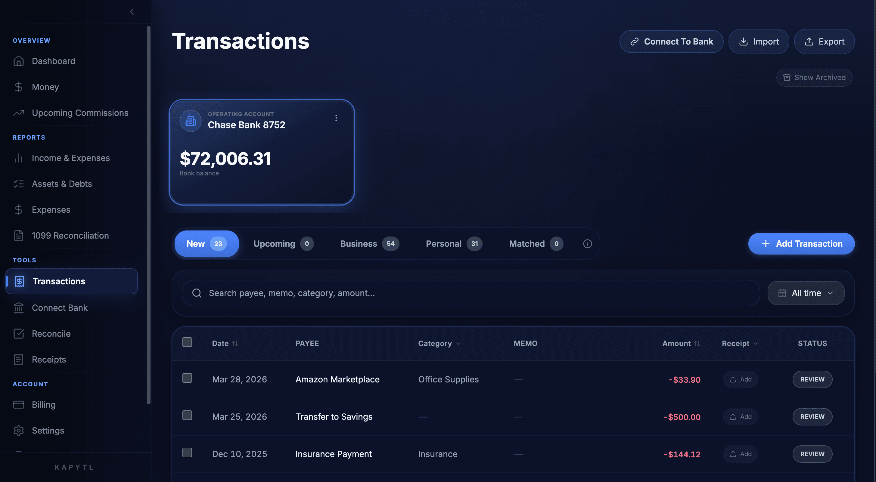 Transactions list auto-categorized in Kapytl